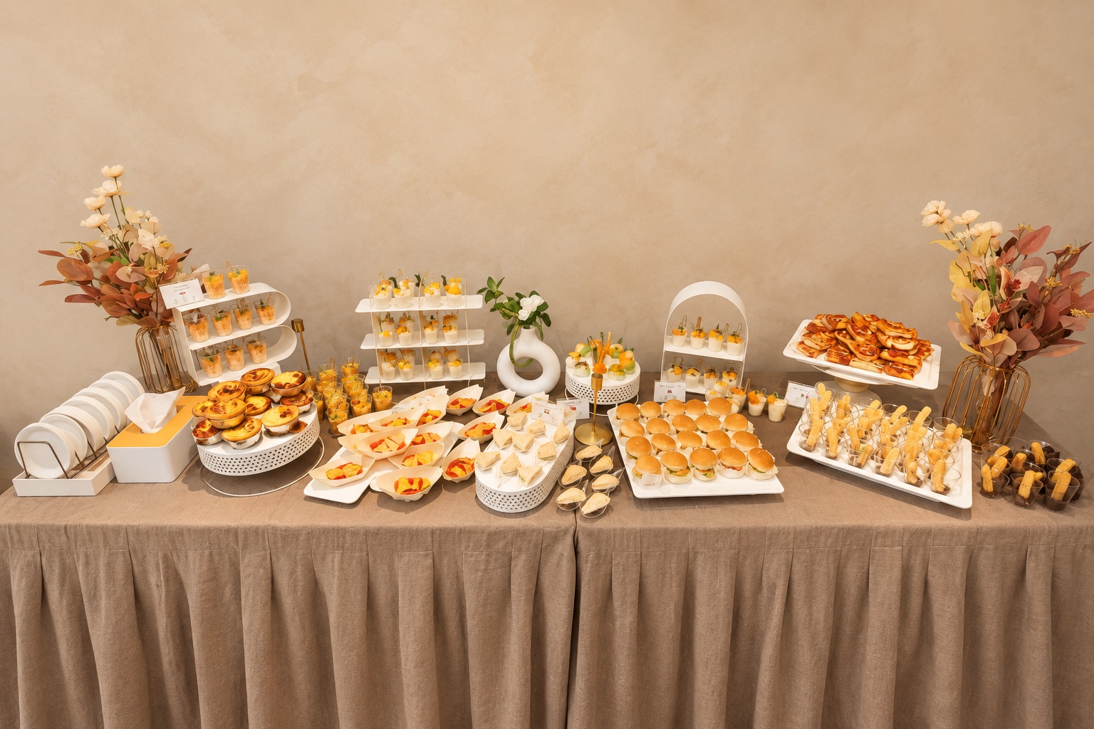 Twenty9 finger food buffet with sandwiches, sliders and canapés; backdrop and linen digitally lightened